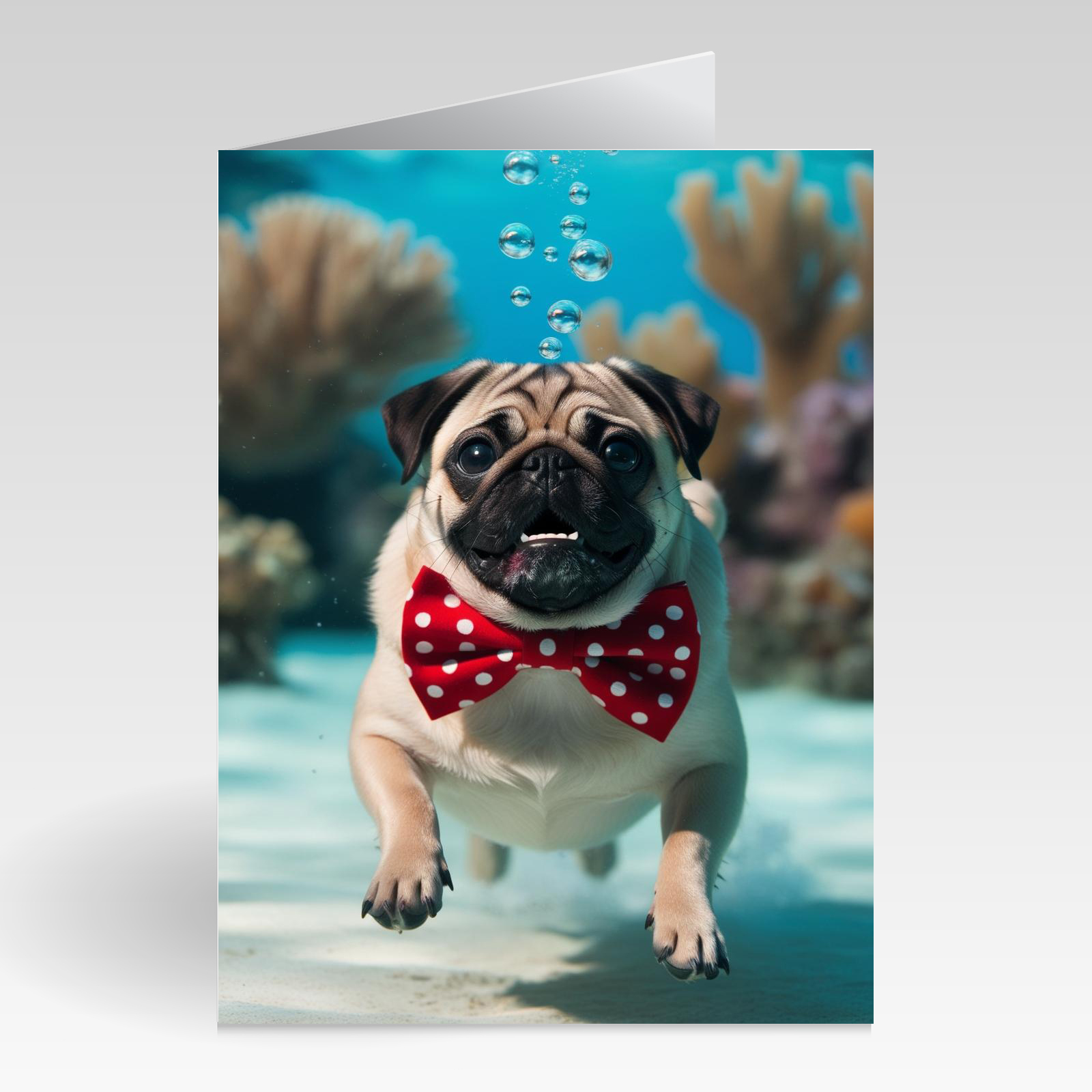 Aquapaws Pug with Polkadot Red and White Bow tie on Card