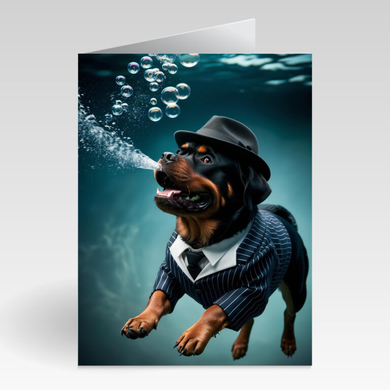 Aquapaws Rottweiler dressed as a gangaster looking hard card