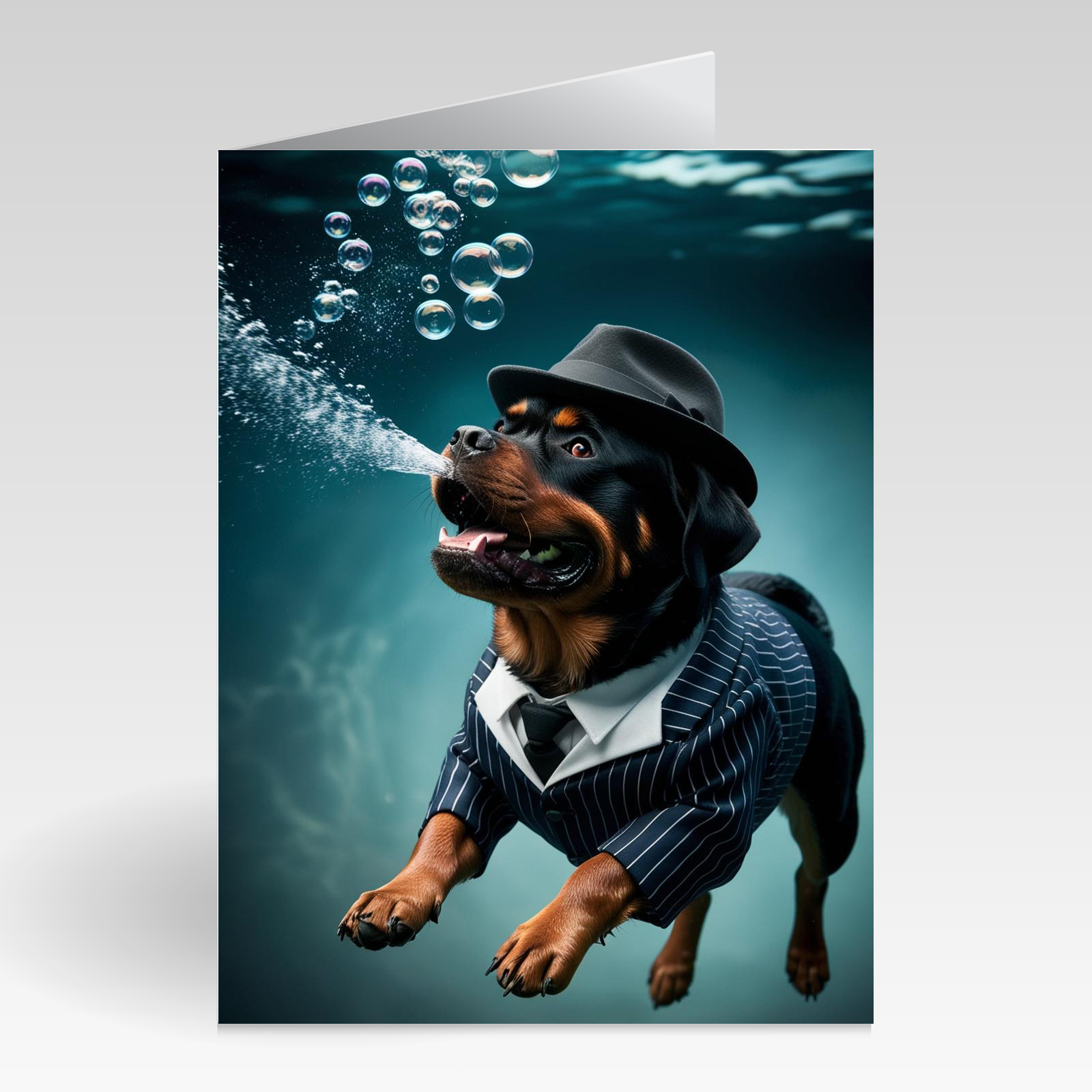 Aquapaws Rottweiler dressed as a gangaster looking hard card